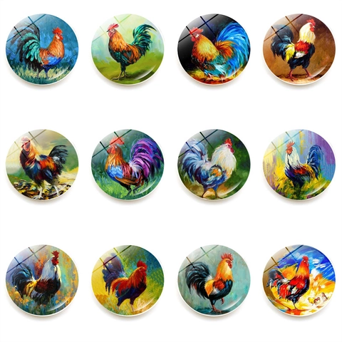 Imanes de Nevera de Vidrio de Gallo Pintura al Óleo Artística Pegatinas Magnéticas de Cristal Redondas para Decoración de Cocina Hogar Oficina