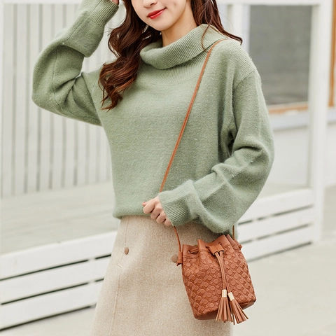Women Retro PU Bucket Bag Embossed Texture Drawstring Closure Tassel Decor Casual Crossbody Shoulder Handbag