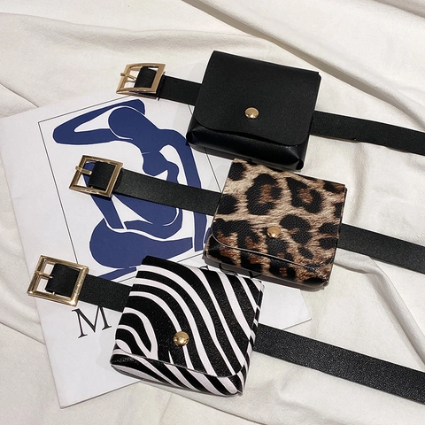 Women's PU Leather Mini Waist Belt Bag Leopard Zebra Print Small Square Pouch With Detachable Gold Buckle Belt Accessory