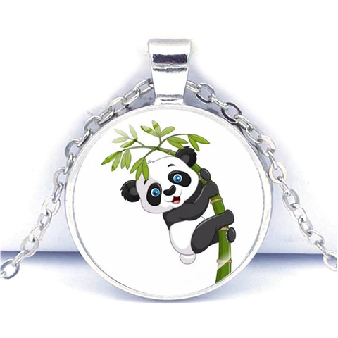 Collier Pendentif Rond en Verre Panda et Bambou en Alliage de Zinc Pierre du Temps Couleur Argent pour Femmes Hommes Bijoux Quotidien Cadeau