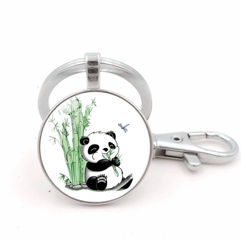 Portachiavi in Metallo con Panda e Bambù in Stile Cartone Animato Bronzo Argento in Lega di Zinco Vetro Cabochon per Donna Uomo Bambini Accessorio Borsa