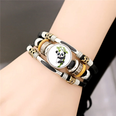 Bracelet En Cuir Artificiel Multi-Couches Motif Panda Dessin Animé Cabochon En Verre Perles Bois Bijoux Retro Punk