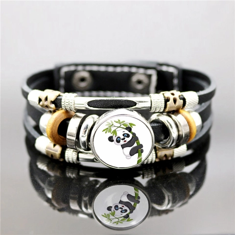 Bracelet En Cuir Artificiel Multi-Couches Motif Panda Dessin Animé Cabochon En Verre Perles Bois Bijoux Retro Punk