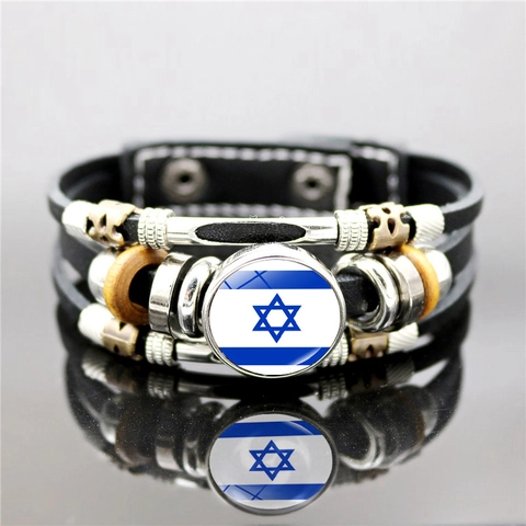 Multilayer Artificial Leather Bracelet With Israel Flag Star Of David Pattern Vintage Punk Woven Wrap Wristband For Men Women