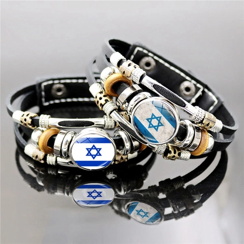 Multilayer Artificial Leather Bracelet With Israel Flag Star Of David Pattern Vintage Punk Woven Wrap Wristband For Men Women