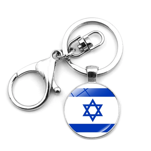 Porte-clés Drapeau Israël Pendentif Rond En Verre Cabochon Alliage De Zinc Fermoir Mousqueton Anneau Métallique Créatif Cadeau Souvenir