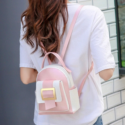 Mini Mochila Para Mujer Cuero PU Color De Contraste Moda Hebilla Dorada Cuadrada Bolso De Hombro Casual Elegante