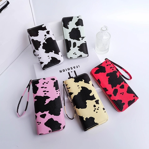 Women Fashion Long Cow Print Wallet Large Capacity PU Leather Zip Clutch Handbag With Wrist Strap