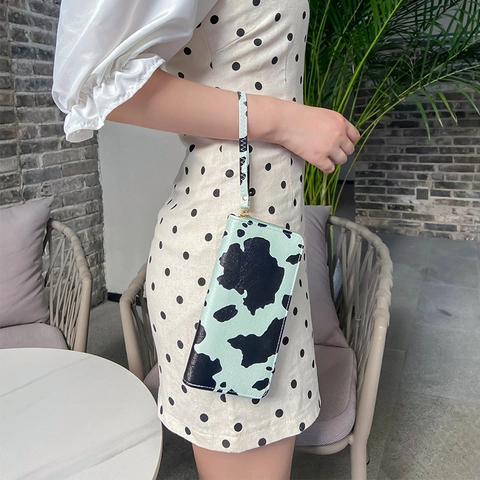 Women Fashion Long Cow Print Wallet Large Capacity PU Leather Zip Clutch Handbag With Wrist Strap