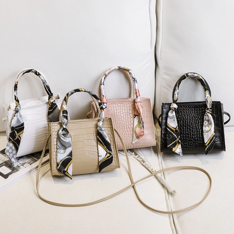 Borsa A Mano Mini In Pelle PU Con Motivo Coccodrillo Da Donna Con Manico Avvolto Da Sciarpa E Tracolla Rimovibile