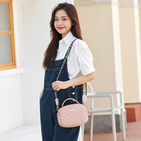 Women Quilted PU Leather Shoulder Bag Dual Zipper Crossbody Bag With Colorful LOVE Wide Strap Handbag