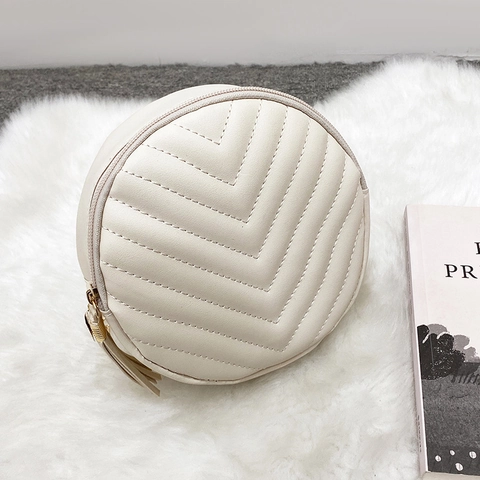 Borsa a Tracolla Rotonda Donna Trapuntata in Pelle PU Con Catena e Nappa Piccola Borsa Circolare Moda Handbag Quotidiana