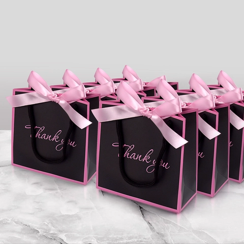 Minimalist Paper Gift Bags With Satin Bowknot And Thank You Print Square Handle Bags For Wedding Birthday Party Favors