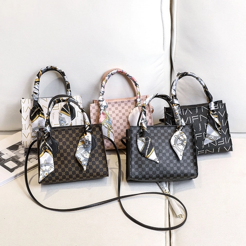 Women Fashion PU Leather Handbag With Scarf Handle Vintage Monogram Letter Print Tote Bag Mini Crossbody Shoulder Bag