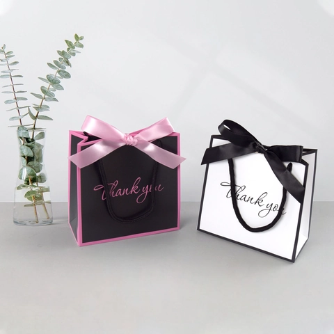Minimalist Paper Gift Bags With Satin Bowknot And Thank You Print Square Handle Bags For Wedding Birthday Party Favors