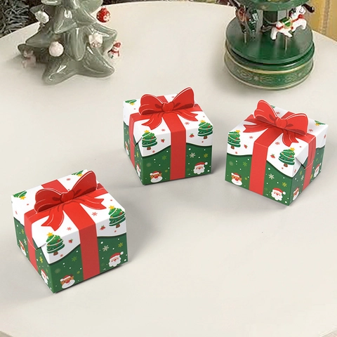 Christmas Gift Box With 3D Bow Knot Folding Paper Box Santa Claus Reindeer Tree Pattern For Holiday Party Candy Favors