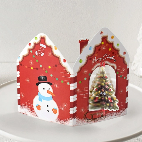Biglietti di Auguri di Natale 3D a Forma di Casa Biglietti Merry Christmas Pieghevoli Con Pupazzo di Neve Albero per Festa