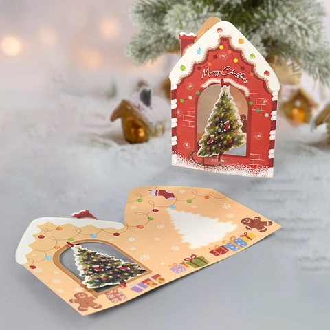 Biglietti di Auguri di Natale 3D Pop Up a Forma di Casa Merry Christmas Con Pupazzo di Neve Albero per Festa