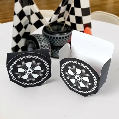 Racing Car Theme Tire Shaped Candy Box Cardboard DIY Folding Gift Box For Kids Birthday Party Favors Sporty Decoration