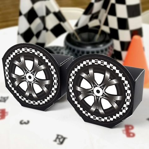 Racing Car Theme Party Favor Candy Box Tire Shape Cardboard Gift Packaging For Birthday Celebration Checkerboard Decor