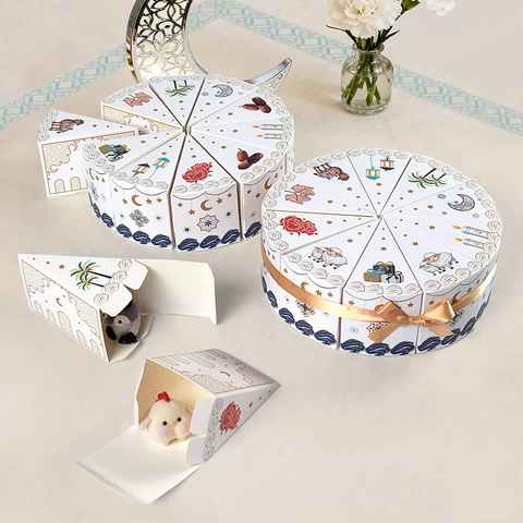 Triangle Cake Slice Shape Gift Boxes White Paper Ramadan Eid Mubarak Party Favors Candy Packaging Ribbon