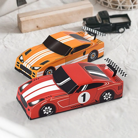 Cartoon Racing Car Party Favor Box For Kids Birthday Back To School Theme Gift Candy Packaging Box Cardboard Race Car Shape Treat Box