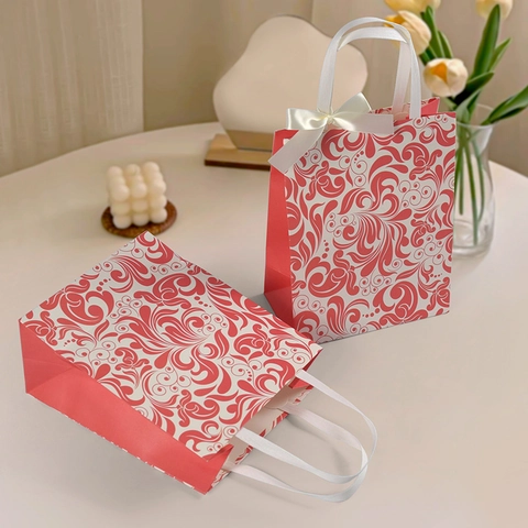 Vintage Geprägte Spezialpapier Geschenktüte Mit Schleife Elegante Blumen Karo Handtasche Für Hochzeit Party Geschäftsgeschenk