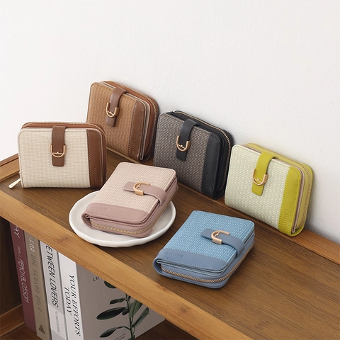 Women Small Short Wallet PU Leather Woven Bifold Zipper Coin Pocket Card Holder Casual Travel Compact Purse