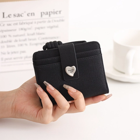 Damen Geldbörse Kurz PU Leder Herz Schnalle Bifold Kartenhalter Sichtfenster Mode Süße Handgelenktasche