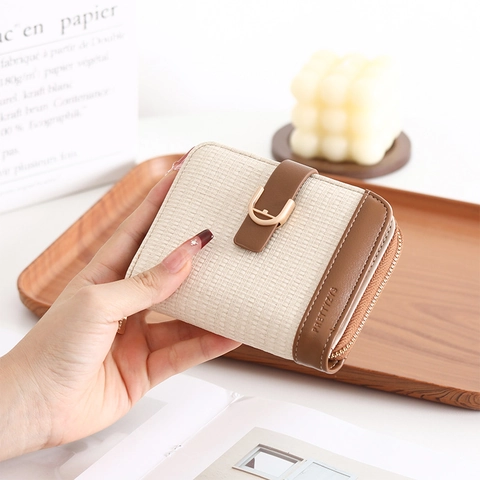 Women Small Short Wallet PU Leather Woven Bifold Zipper Coin Pocket Card Holder Casual Travel Compact Purse