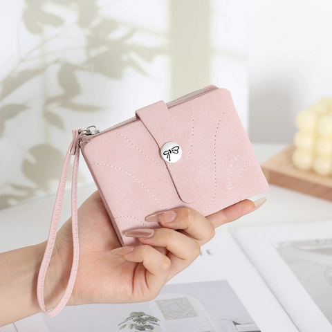 Portefeuille Court Femme Cuir PU Motif Litchi Fermeture Éclair Porte-Cartes Multifonctionnel Avec Dragonne Pochette Élégante