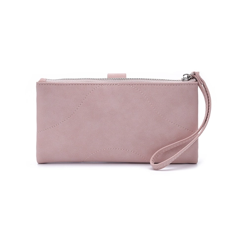 Damen Geldbörse Lang Mattes PU Leder Viele Kartenfächer Handgelenkschlaufe Wellennaht Clutch Portemonnaie