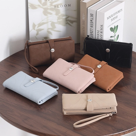 Women Long Wallet Frosted PU Leather Zipper Bowknot Buckle Clutch Bag Multi Card Slots Wristlet Handbag Simple Purses
