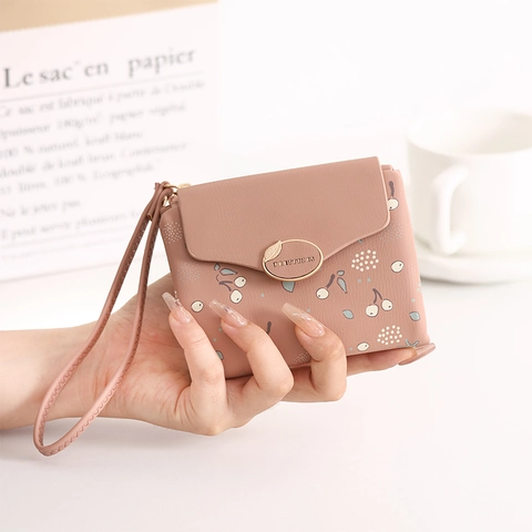 Damen Niedlich Kirsche Druck Mini Brieftasche PU Leder Zweifach Kartenhalter Mit Reißverschluss Münzfach Und Tragbare Handschlaufe