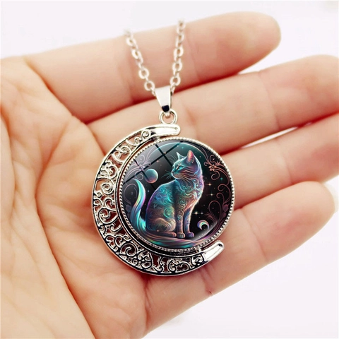 Vintage Hollow Moon Rotating Pendant Necklace Zinc Alloy Glass Cabochon Painted Fantasy Cat Starry Sky Jewelry Gift For Women