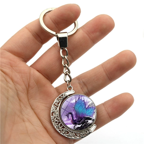 Fantasy Roterende Maandraak Sleutelhanger Zinklegering Glas Maansikkel Hanger Gothic Mystery Sterrenhemel Sleutelring