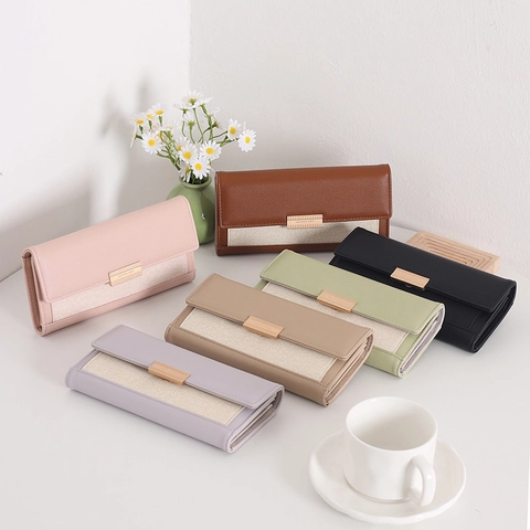 Portafoglio Lungo Donna Pelle PU Tela Patchwork Grande Capacità Fessure Carte Elegante Chic Trifold Pochette Fibbia Metallo