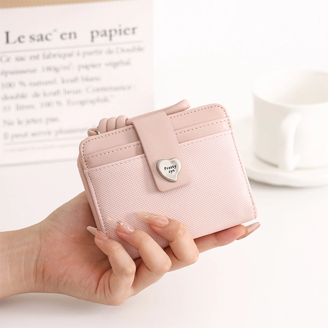 Short Wallet Women PU Leather Heart Metal Buckle Folding Multi Card Holder With Knotted Wrist Strap Solid Color Sweet Clutch