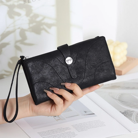 Damen Geldbörse Lang Mattes PU Leder Viele Kartenfächer Handgelenkschlaufe Wellennaht Clutch Portemonnaie