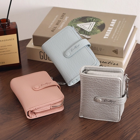 Women's PU Leather Small Wallet Litchi Pattern Short Coin Purse Card Holder With Buckle And Leaf Zipper Pull