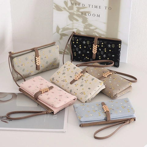 Damen Lange Geldbörse mit Blumendruck PU-Leder Reißverschluss Clutch mit Handschlaufe Metallblatt-Dekoration