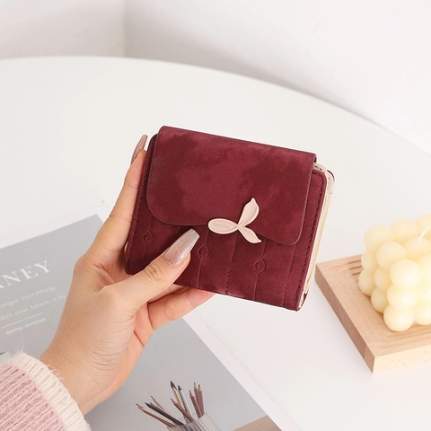 Mini Portafoglio da Donna in Pelle PU Opaca Fibbia a Foglia Clip per Contanti Stile Coreano Motivo Verticale Porta Carte Portamonete