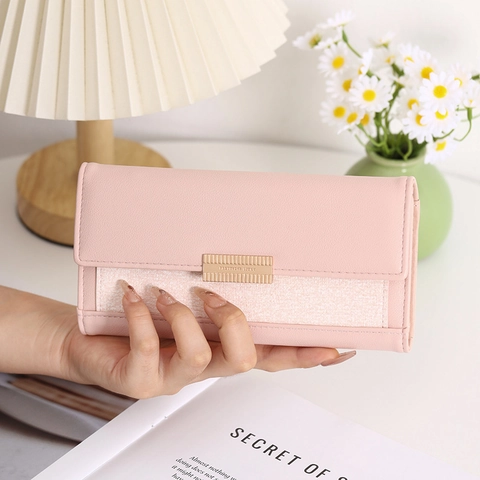 Damen Lange Geldbörse PU Leder Stoff Patchwork Große Kapazität Viele Kartenfächer Dreifach Gefaltet Einfache Clutch