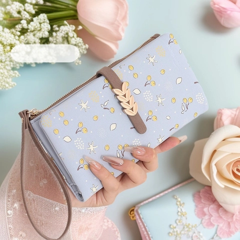 Damen Lang Geldbörse Blumenmuster PU Leder Handtasche Mit Metall Blatt Schnalle Handschlaufe Multi-Funktionale Kartenhalter