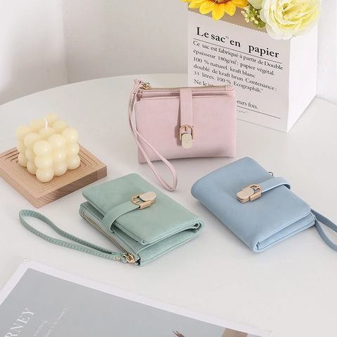 Women Minimalist PU Leather Short Wallet Wrist Strap Korean Style Multi Card Slots Zipper Coin Purse Folding Small Handbag
