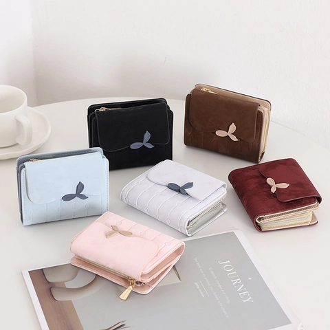 Women Short Wallet Matte PU Leather Leaf Buckle Trifold Zipper Coin Purse Card Holder Small Elegant Fashion
