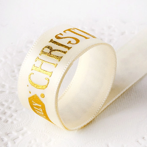 Weihnachtsband Goldfolie Bedruckt Feiertagsdekoration Polyester Für Geschenkverpackung Kuchenbox Ornament Cremeweiß