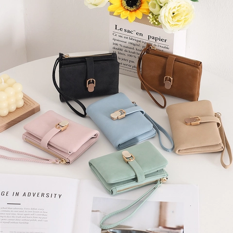 Women Minimalist PU Leather Short Wallet Wrist Strap Korean Style Multi Card Slots Zipper Coin Purse Folding Small Handbag