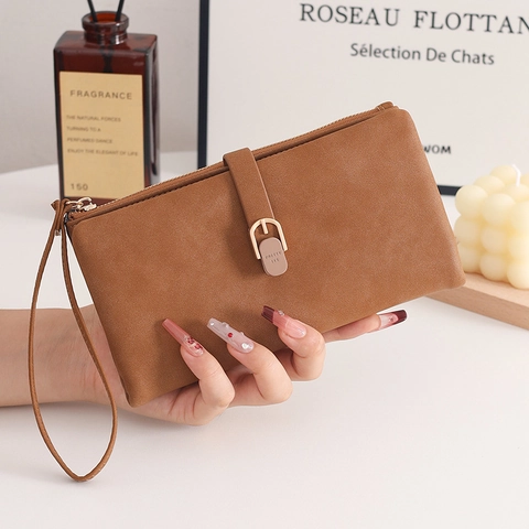 Cartera Larga de Cuero PU para Mujer Mate Color Sólido Bolso de Mano Con Correa de Muñeca Multi Ranuras para Tarjetas Bolso de Moda