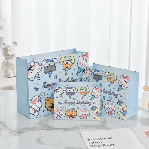 Geburtstags Geschenktüte Papier Bunte Cartoon Hase Bär Muster Mit Gewebtem Griff Für Partyfeier Süß Tragbar